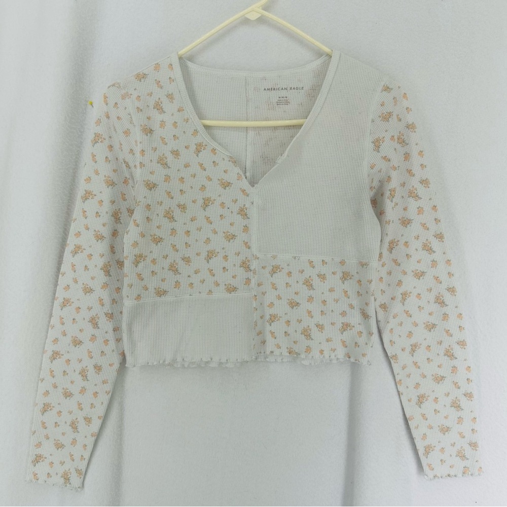 American Eagle Floral Cropped Patch Long Sleeve Womens Medium White